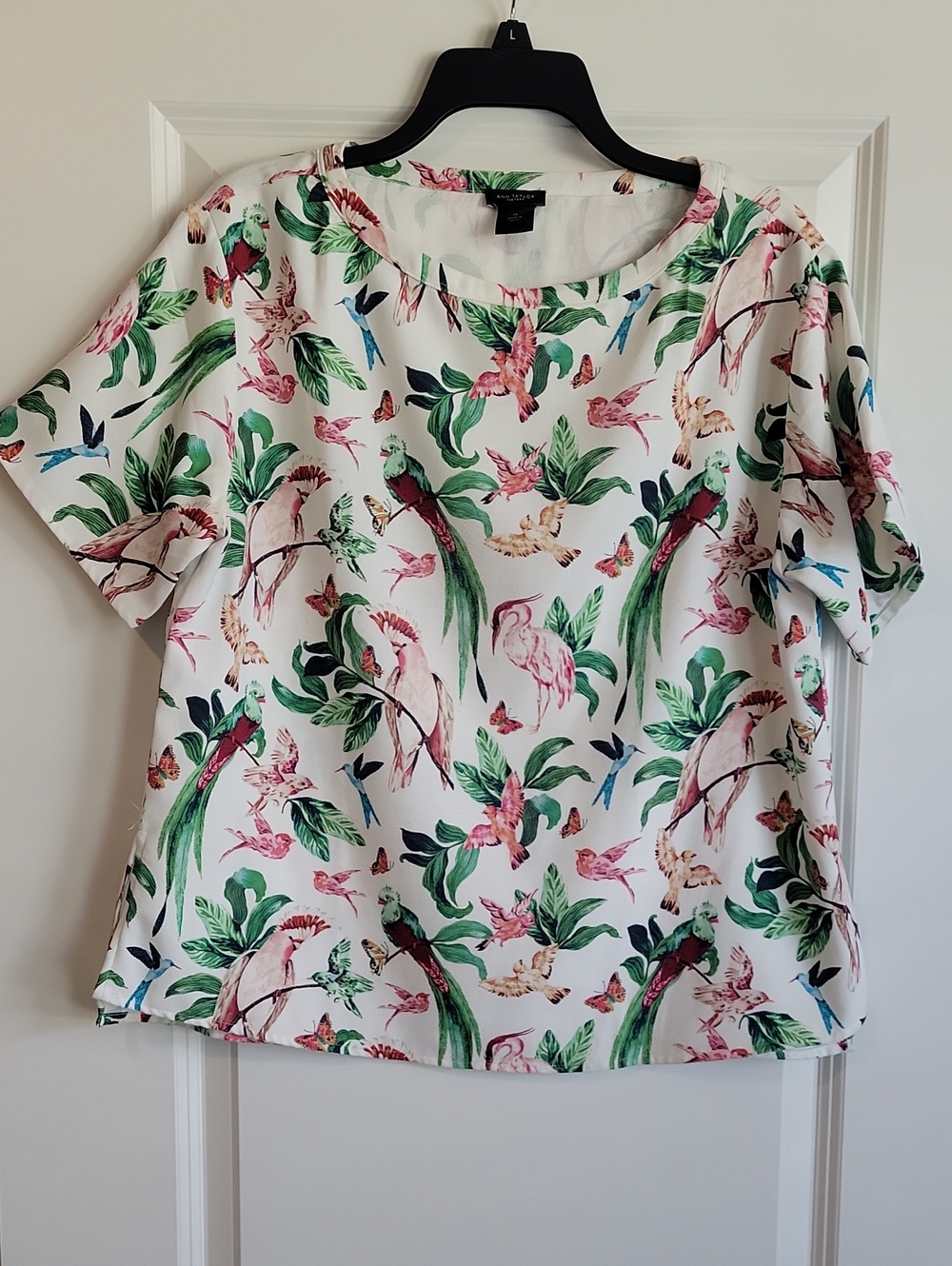 Ann Taylor Factory White Tropical Parrot Print Blouse with Green & Pink